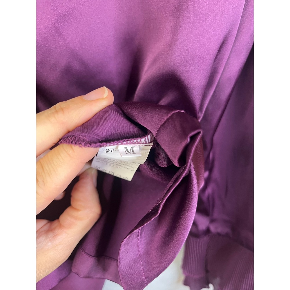 Women's M purple button up blouse pleated cuff ruffle long sleeve satin Boho - Picture 8 of 8